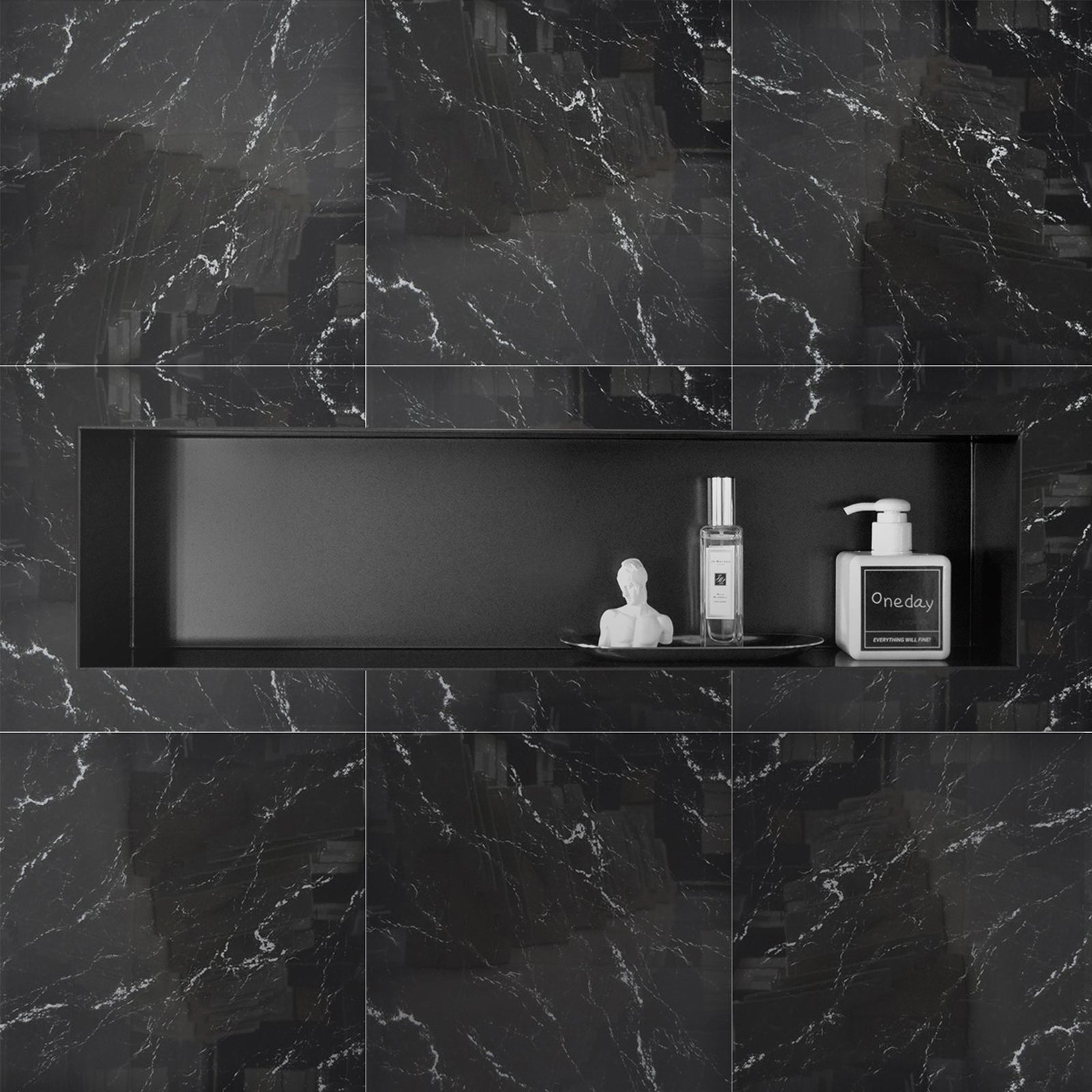 Douche Murale En Acier Inoxydable Avec LED - Étagère Encastrée 60x30 Cm, Noire, Installation Sans Carrelage - 7