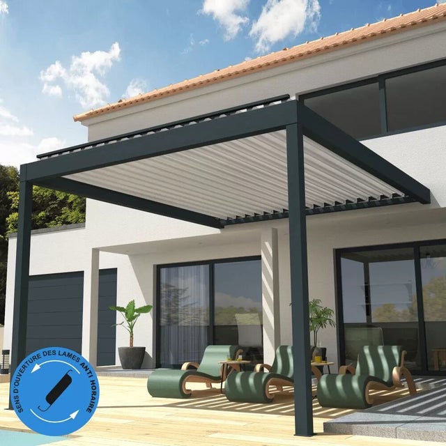 Pergola Bioclimatique COCOON - Armature Gris Anthracite - Lames Blanc - 4,051x4,00m - Télécommande - Lames perpendiculaire ouverture sens anti-horaire