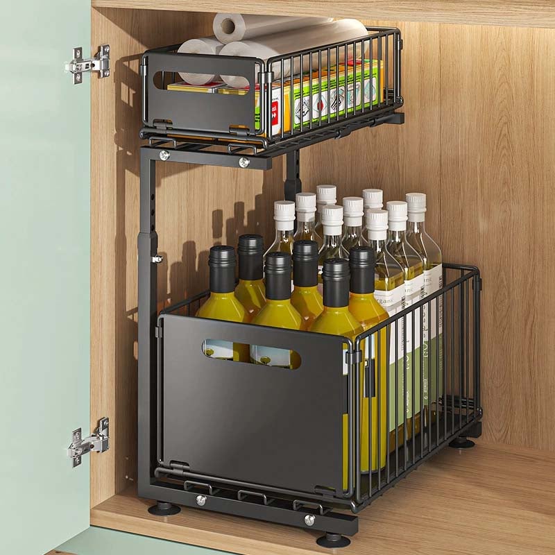 Organizzatore Estraibile Sotto Lavello 2 Livelli In Acciaio Inox - Ripiano Regolabile Per Cucina E Bagno