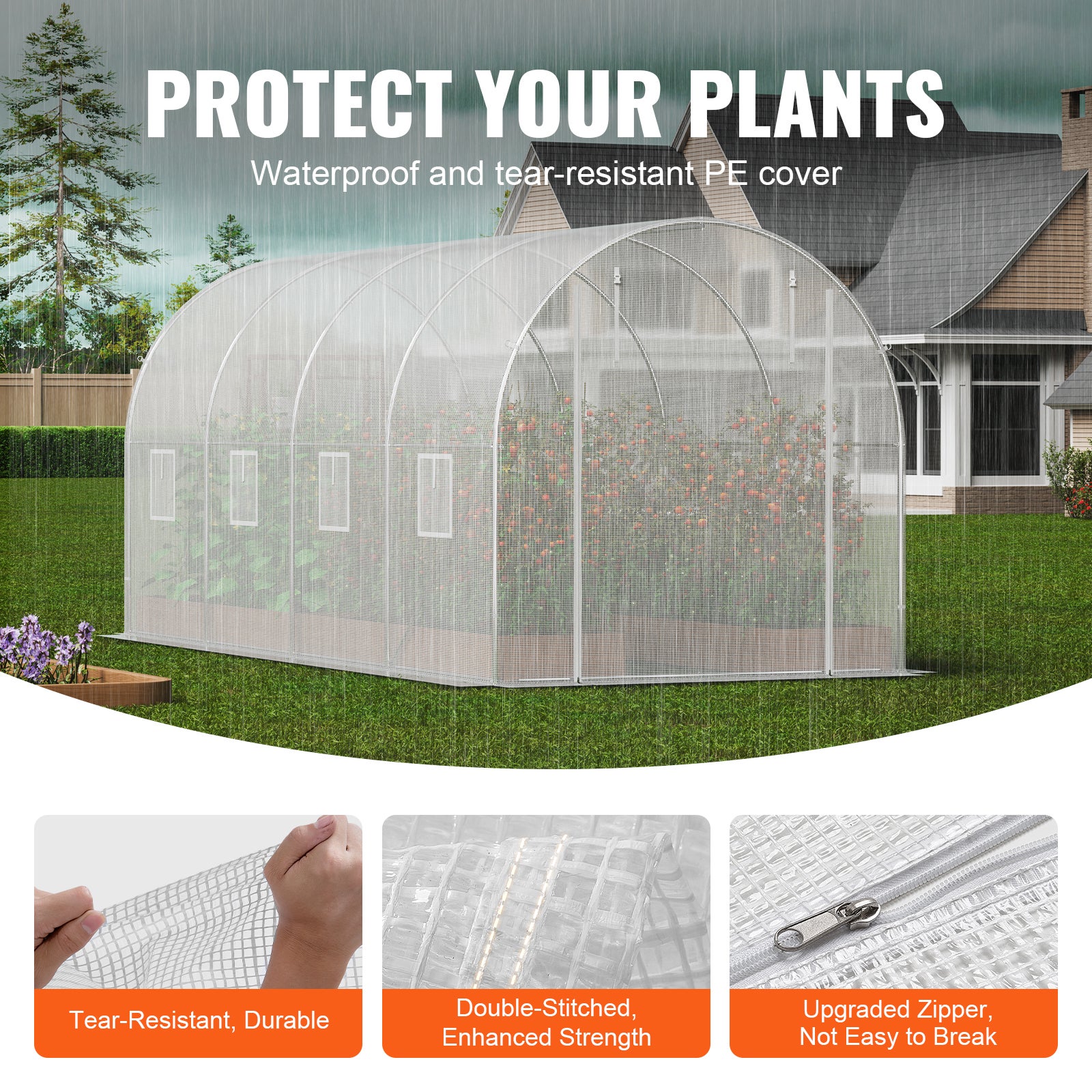 Serre tunnel de jardin,VEVOR tente phytosanitaire,cadre en acier galvanisé,couverture en PE blanc,porte à fermeture éclair roulante,8 fenêtres - 3