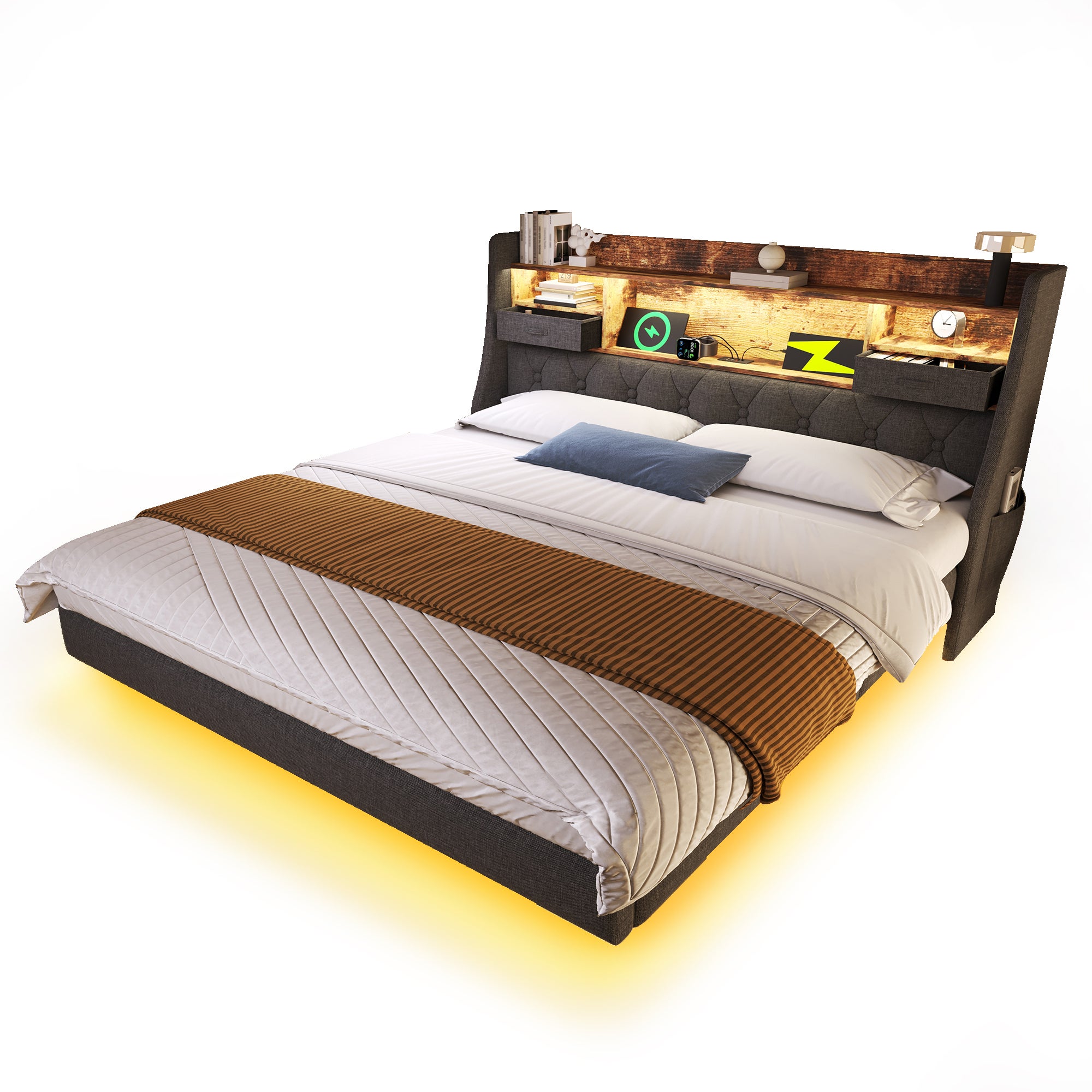 Łóżko tapicerowane 160 x 200 cm z zagłówkiem ze schowkiem - Gniazdo USB i typu C - Tkanina lniana - Diody LED - Szare (bez materaca) - 6