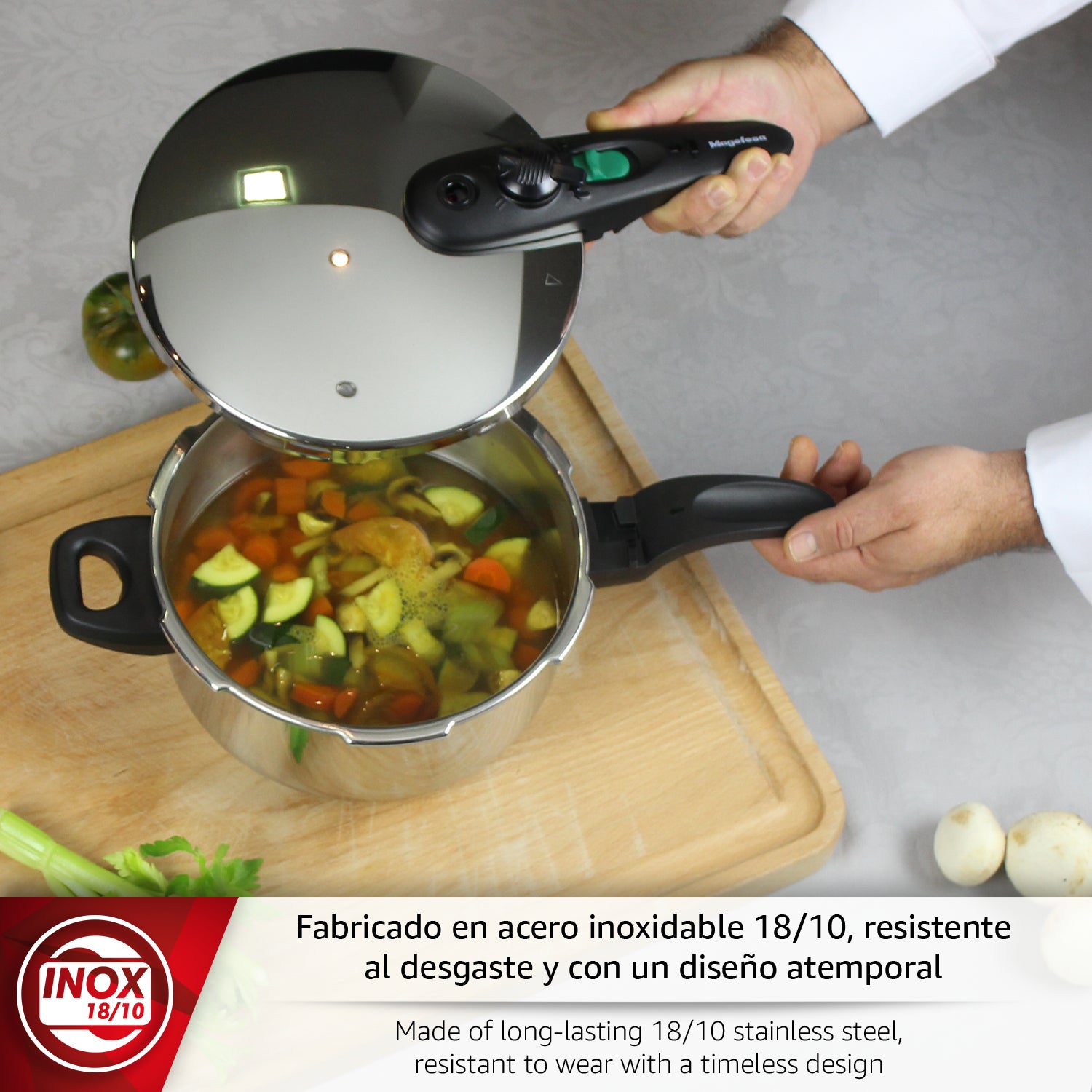 Magefesa Athenas - Olla Express Rápida de 8 L, Acero Inoxidable 18/10, Apta para Inducción, Fondo Termo-Difusor, Cocina Sana, Ahorro de Energía - 3