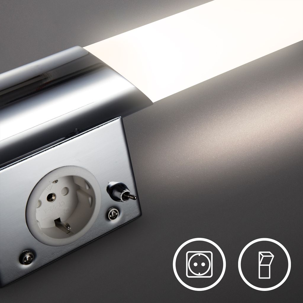 Applique murale LED salle de bain 2-flammes - avec prise et interrupteur - Chromé - E14 4,9W - 470lm - Blanc chaud 3000K - IP20 - B.K.Licht - 3