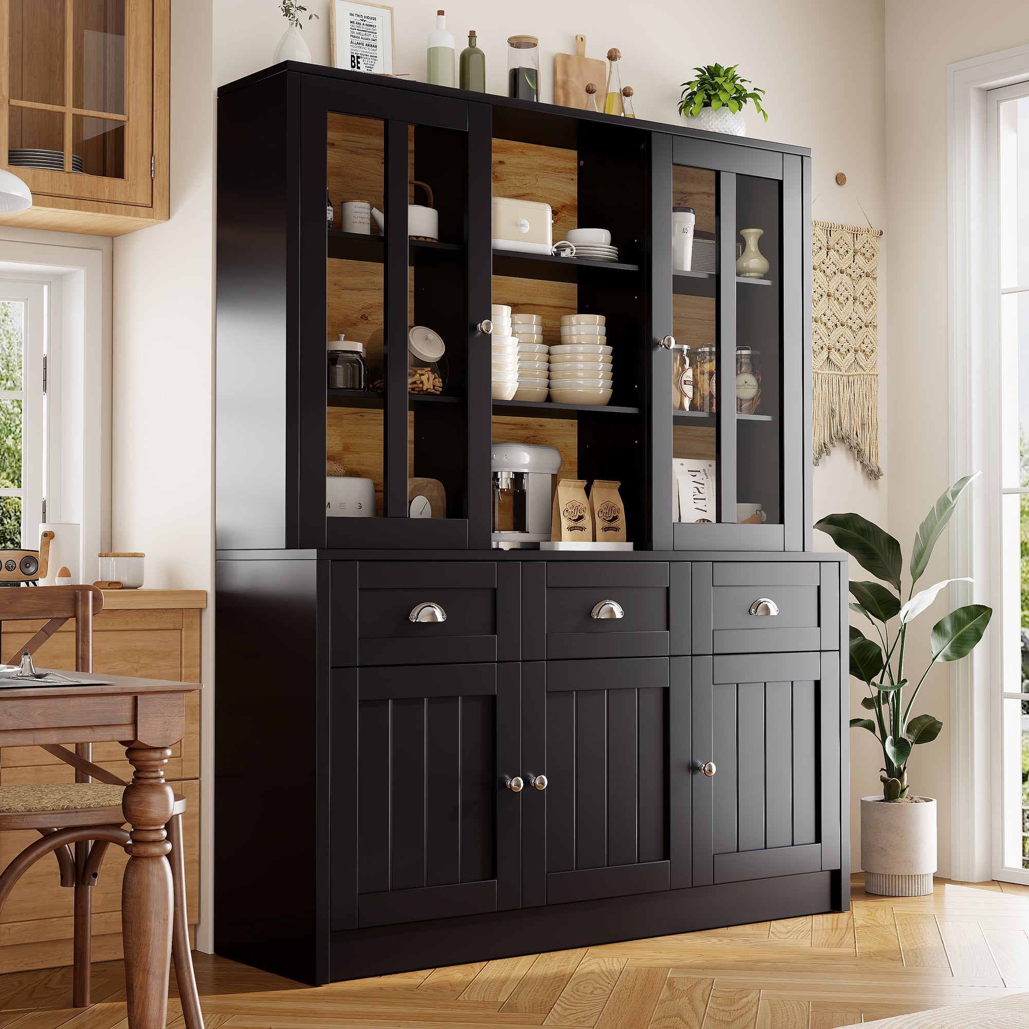 Kredens kuchenny z 5 drzwiami, 3 szufladami i półkami, witryna - 140 x 38,5 x 175 cm - MDF - Czarny + naturalny - 3