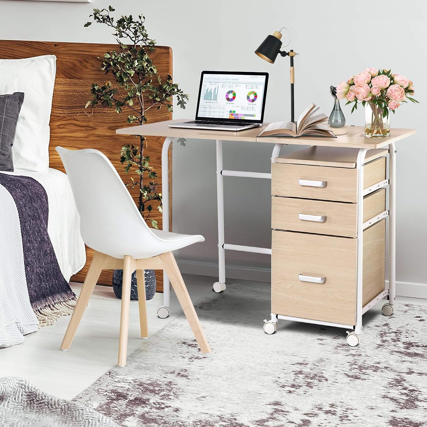 Bureau Pliable avec 3 Tiroirs, Table d'Écriture Roues Verrouillables, Bureau à Domicile Roulant avec Cadre en Métal, Naturel - 9