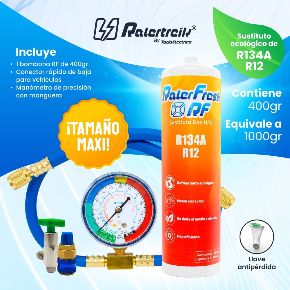 Gaz réfrigérant Ralerfresh RF pour climatisation, substitut du R12 et du R134A, plus un manomètre avec tuyau et connecteur. - 2