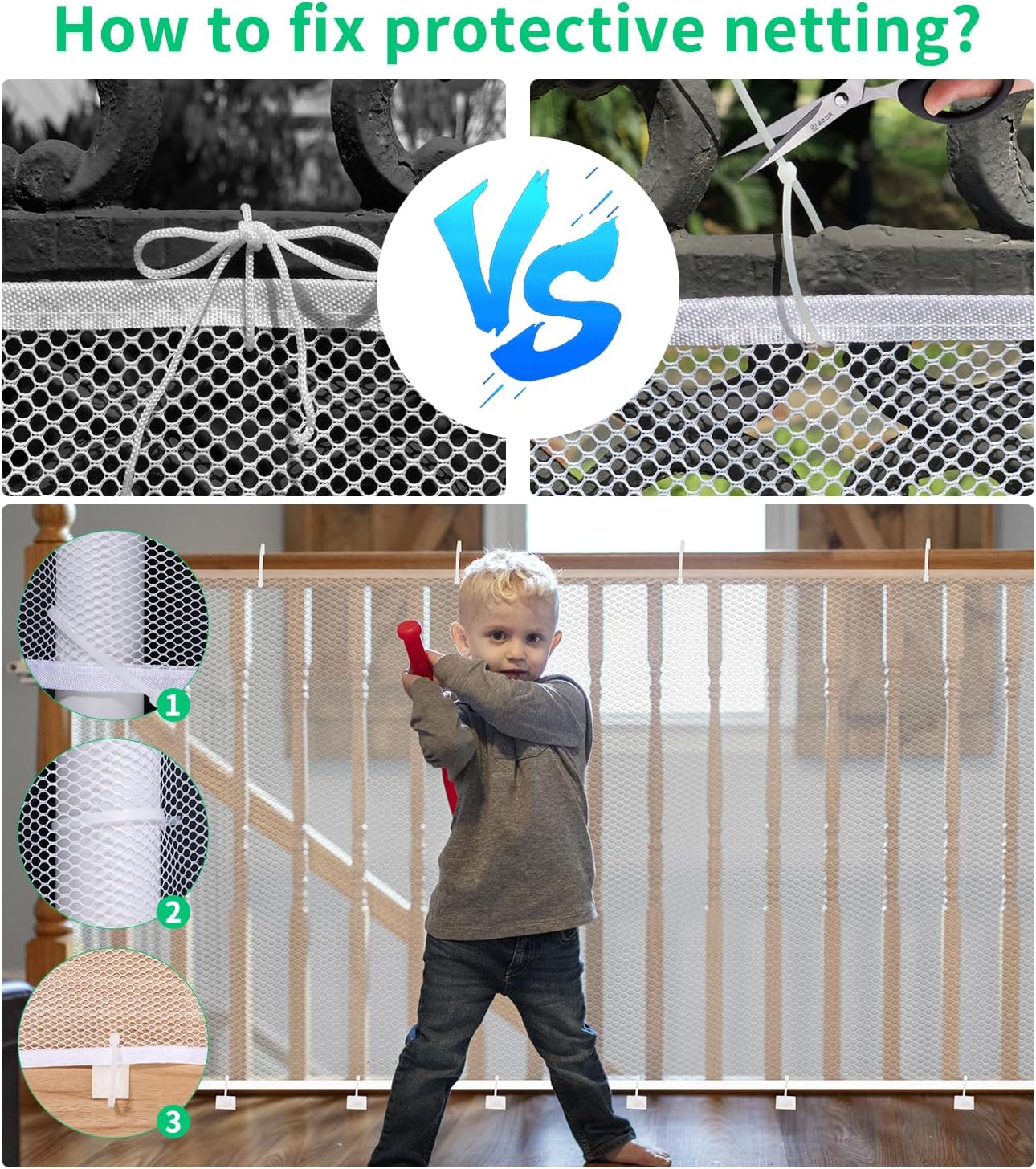 Red de seguridad infantil, red de seguridad para escaleras, balcones y vallas, barrera de seguridad infantil de 300 x 90 cm, color blanco - 4