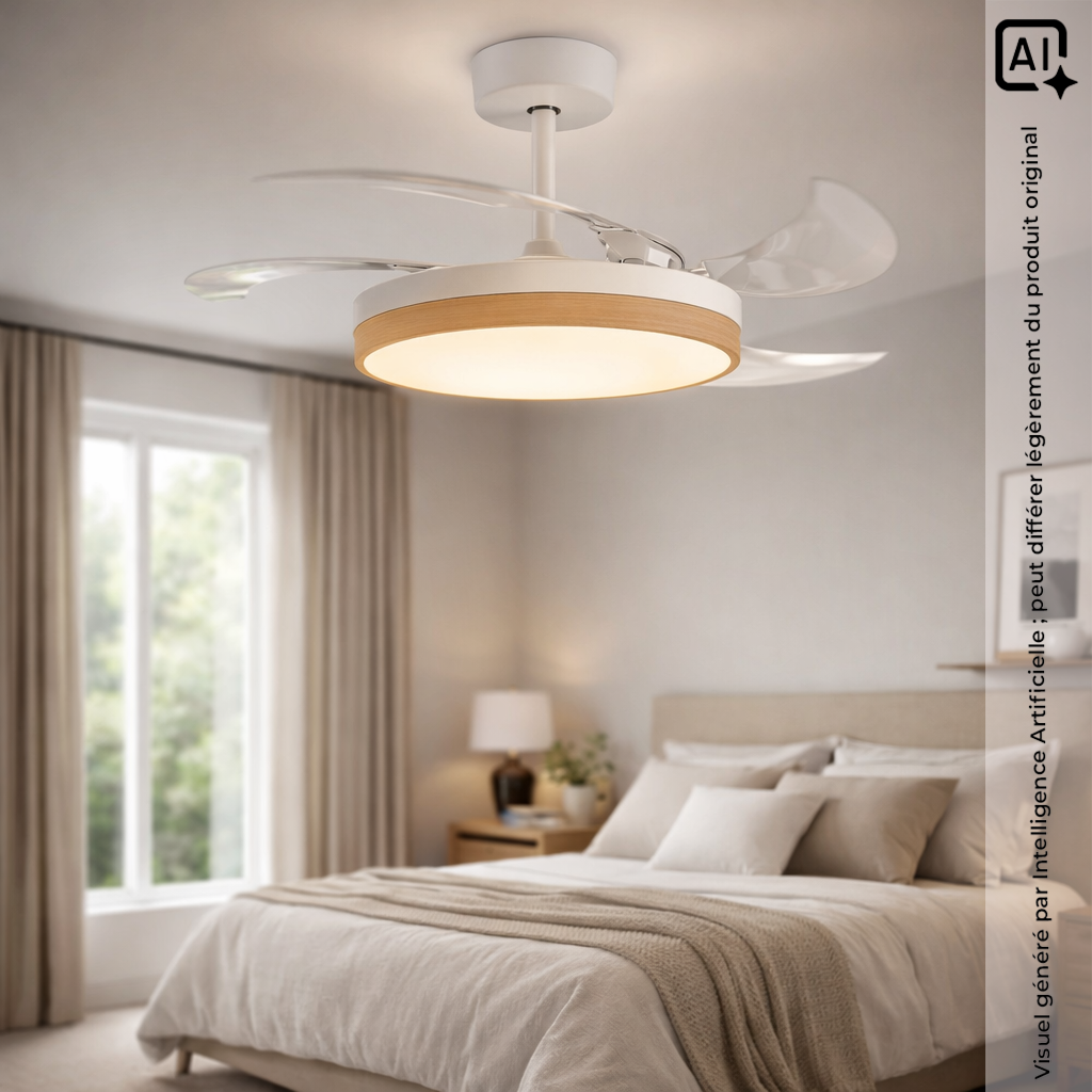 Ventilateur de plafond + éclairage + pâles rétractables Ø91 cm - blanc - Voltman - 3