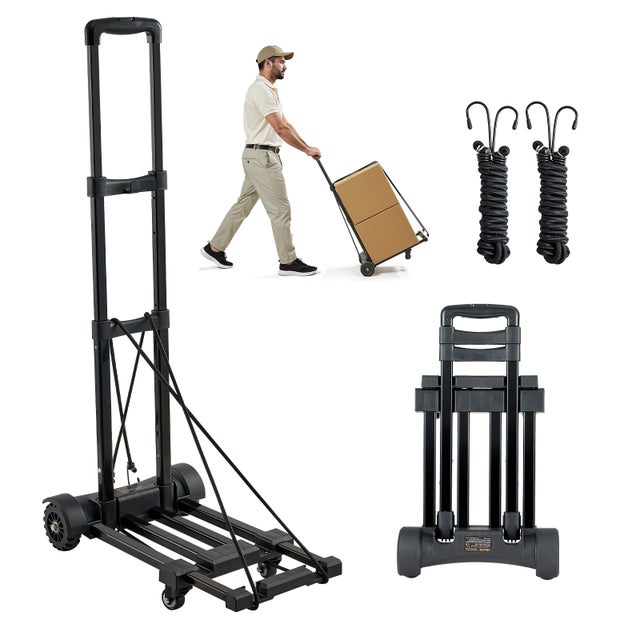 Carrinho dobrável 4 rodas VEVOR, capacidade 131,5 kg, 2 cordas elásticas, base extensível, carrinho utilitário para mudança, escritório, preto