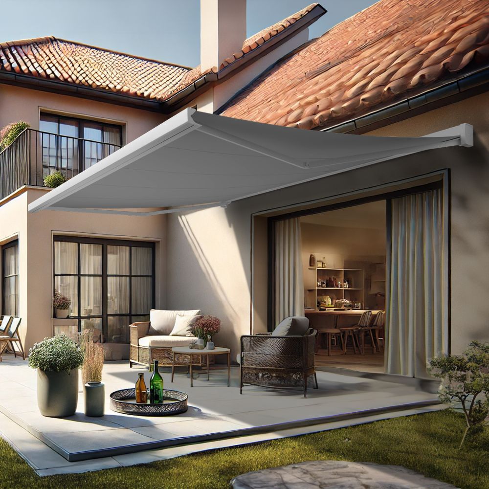 Loft - toldo cofre (motorizado con mando a distancia + manivela + led - gris claro - blanco - 4.00m x 3.50m)