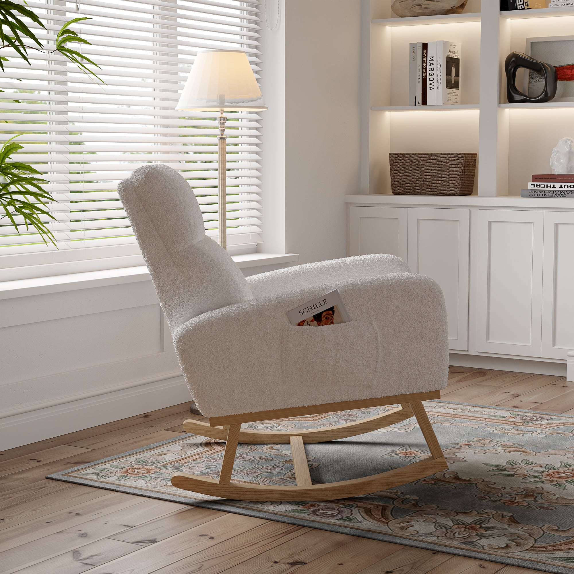 Fauteuil à Bascule, Rocking Chair en Tissu Teddy, Fauteuil Allaitement Scandinave, Chaise à Bascule en Bois Massif pour Salon, Chambre, Balcon, Blanc - 9