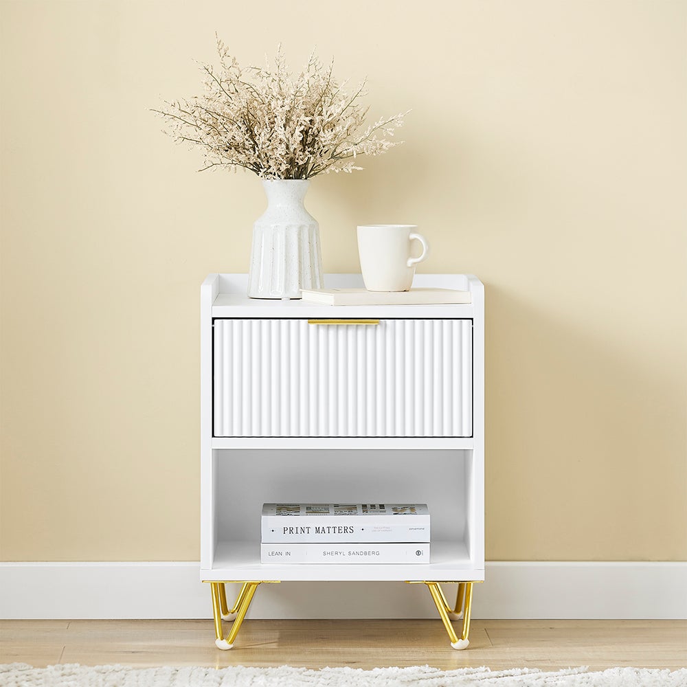 Tavolino Laterale SoBuy Con Ruote - Comodino 1 Cassetto 3 Scomparti, Bianco, 36x50x62 Cm, Salvaspazio, Design Moderno