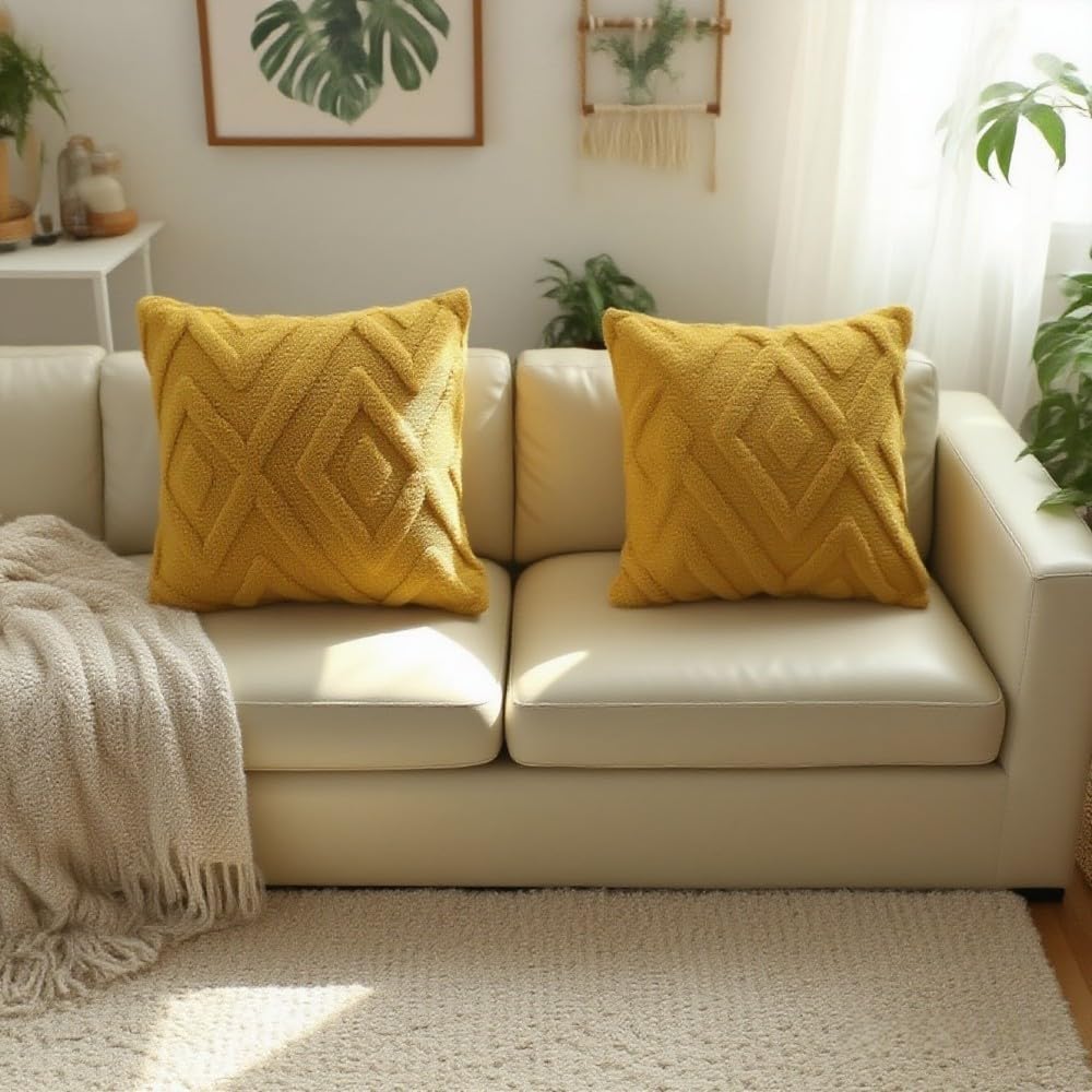 Housse de coussin jaune - motif à carreaux doux, style bohème - convient pour le salon, la chambre, etc. - Lot de 2, 50×50 cm - 2