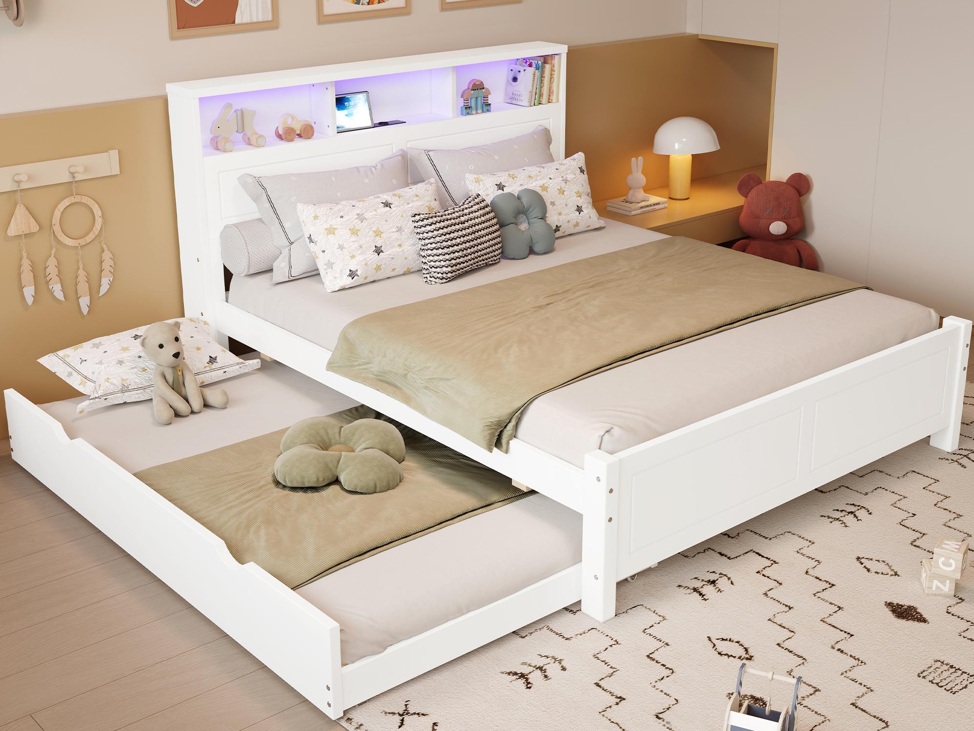 Łóżko małżeńskie 120x200 cm - Z szufladą łóżko 90x190 cm - Z gniazdem LED + USB - Zagłówek ze schowkiem - Biały