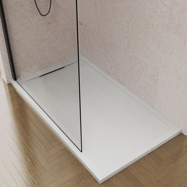 Plato de Ducha Resina 70 x 120 cm Blanco Enmarcado Textura Pizzarra Antideslizante C3 Rejilla de Resina. Incluye Valvula Sifón