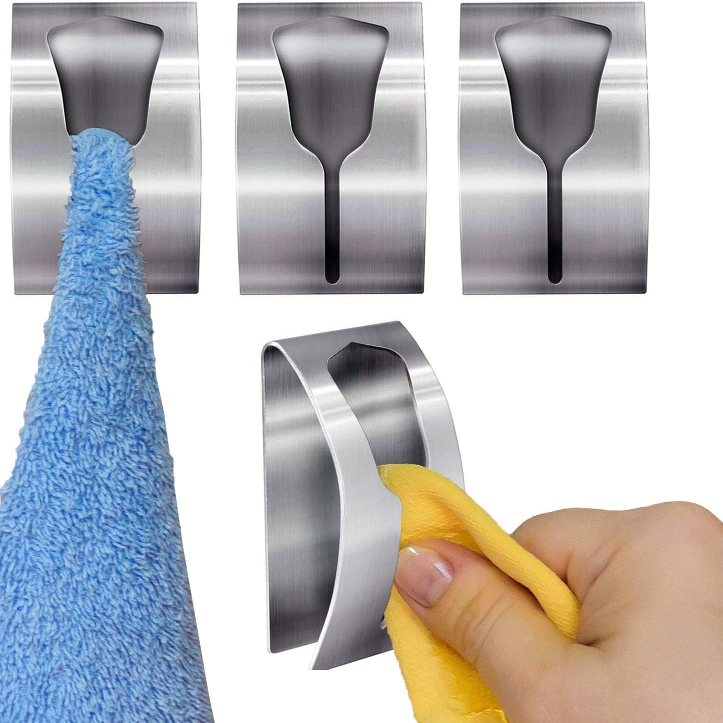 4 Ganci Porta Asciugamani Autoadesivi In Acciaio Inox - Adesivi Per Bagno E Cucina - 7,5 X 5 Cm - Senza Fori - 3