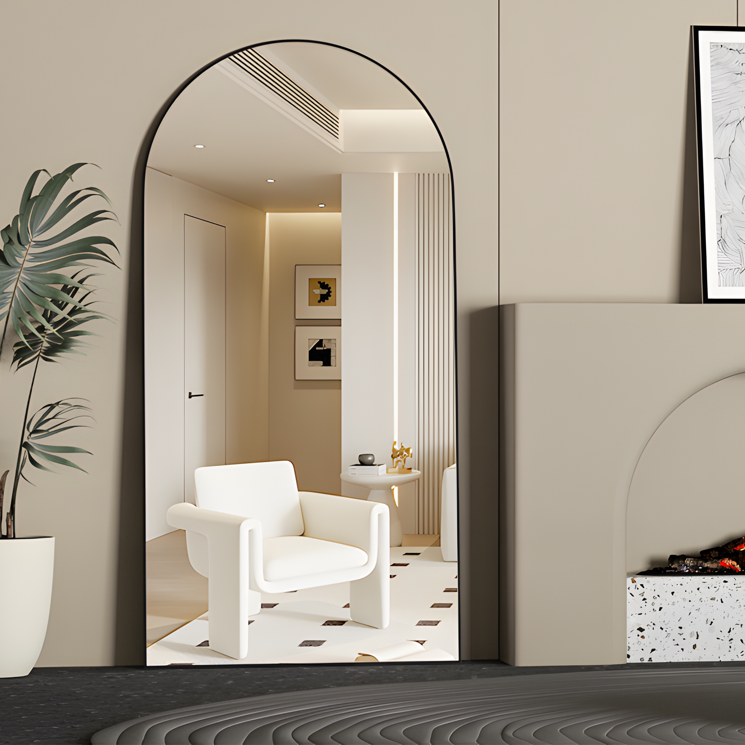 Miroir pleine longueur 180 x 80 cm, miroir de sol avec cadre en aluminium, miroir sur pied arqué lisse, noir - 5