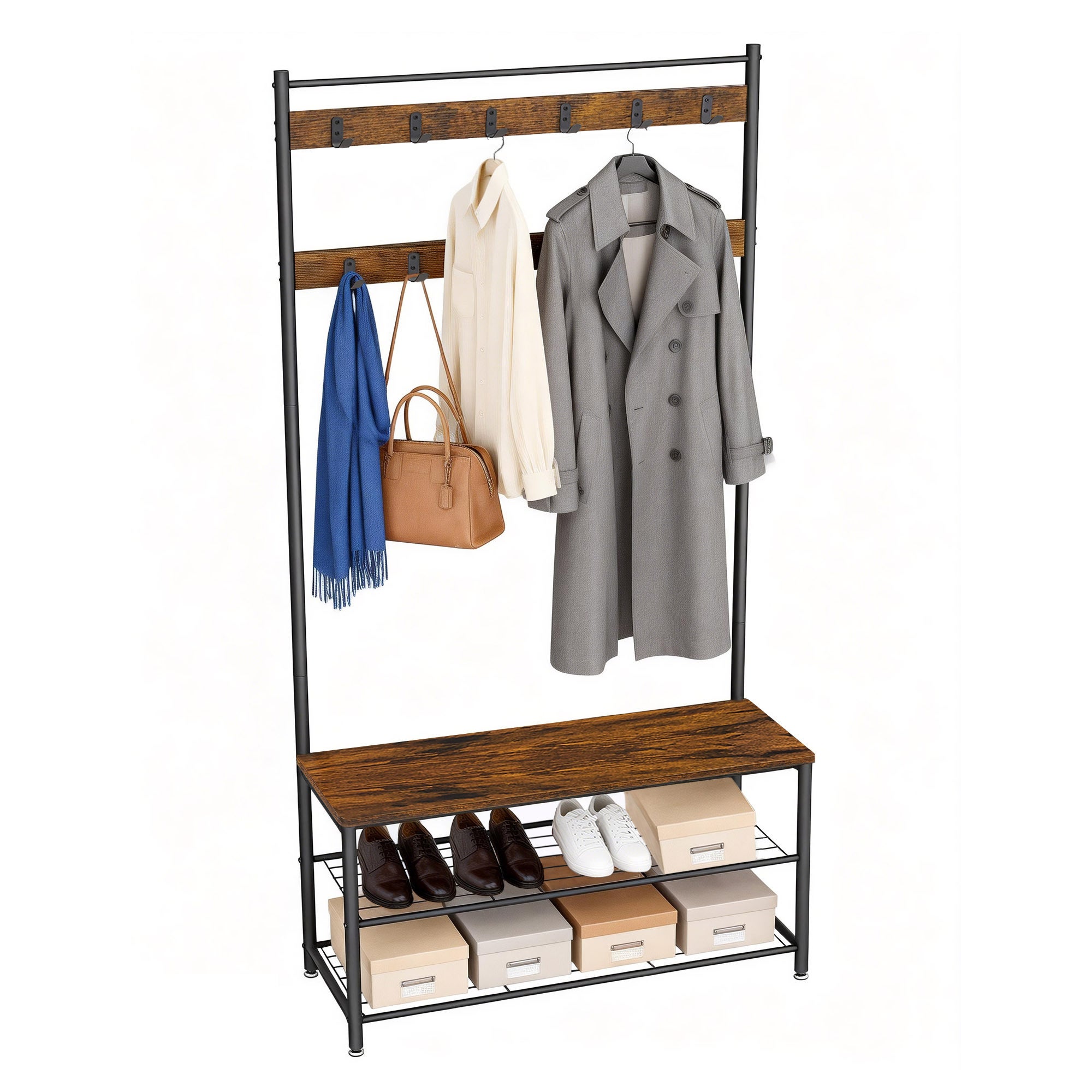 Portemanteau d’Entrée avec Banc de Rangement à Chaussures, 85 x 32 x 175 cm, Marron et Noir - 2