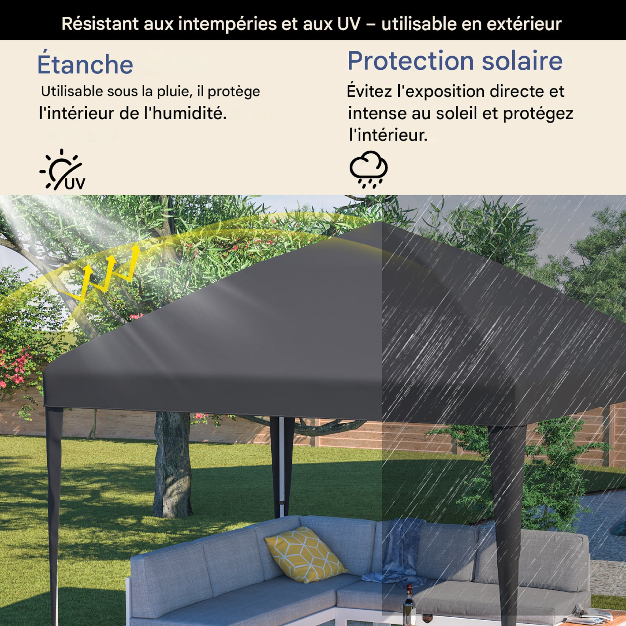 Pavillon pliant 3x3m, hauteur réglable, avec 4 sacs de sable et sac de transport (noir) - 5