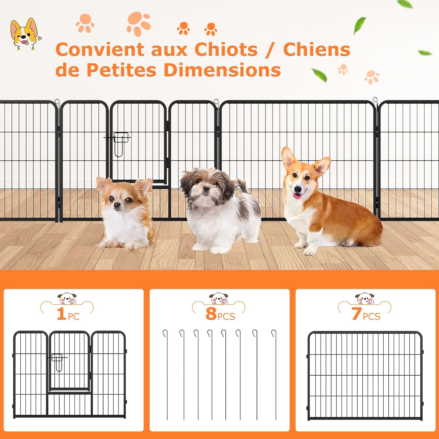 Pista para cães interior/exterior, 8 painéis, pista para cães dobrável portátil com porta, 8 estacas no chão, rotação de 360°, (79 × 60 cm) - 6