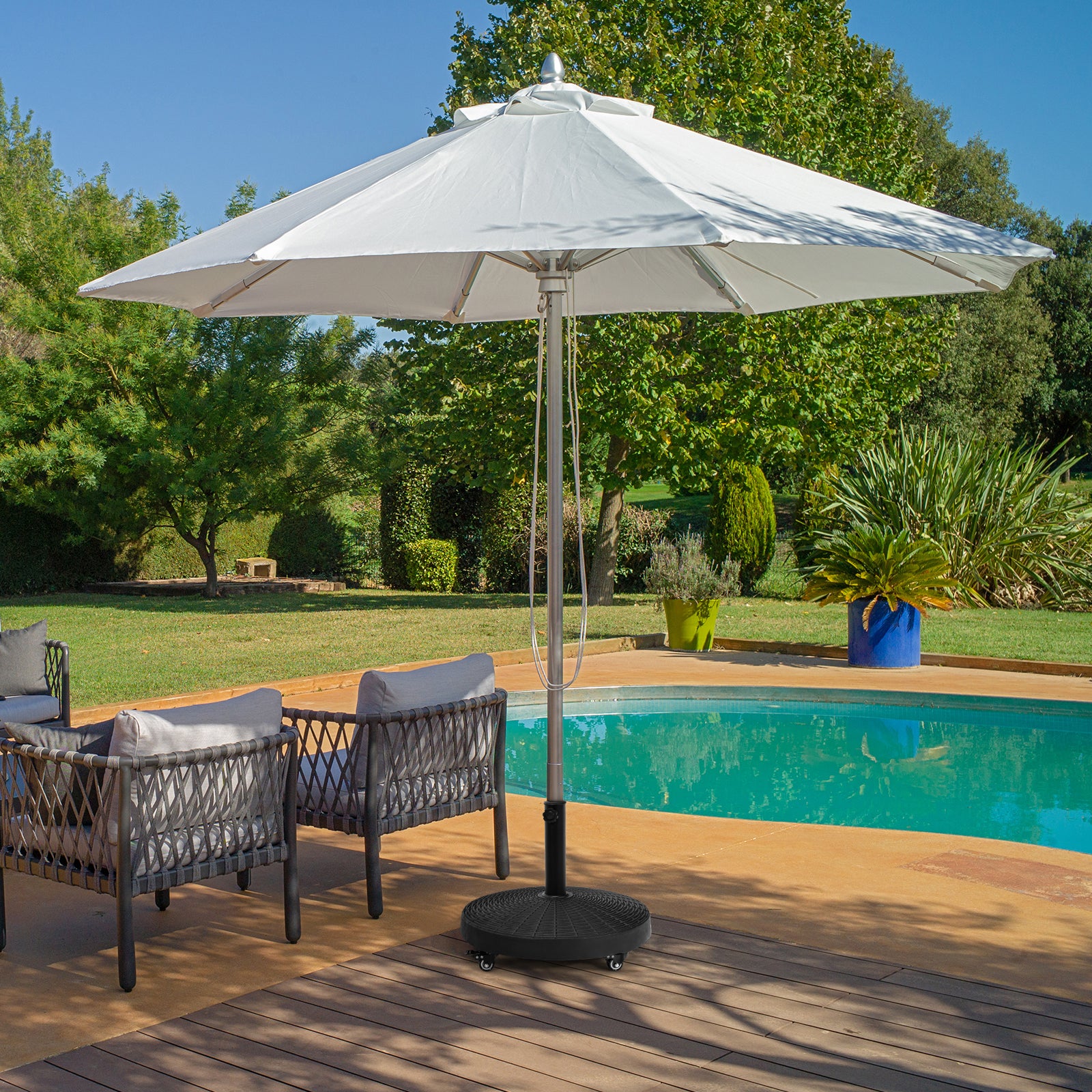 Pied de Parasol sur Roulettes φ52CM 23KG, Socle Parasol Extérieur en Résine avec Bouton Rotatif, Résistant aux Intempéries, pour Poteaux 38/48 mm - 2
