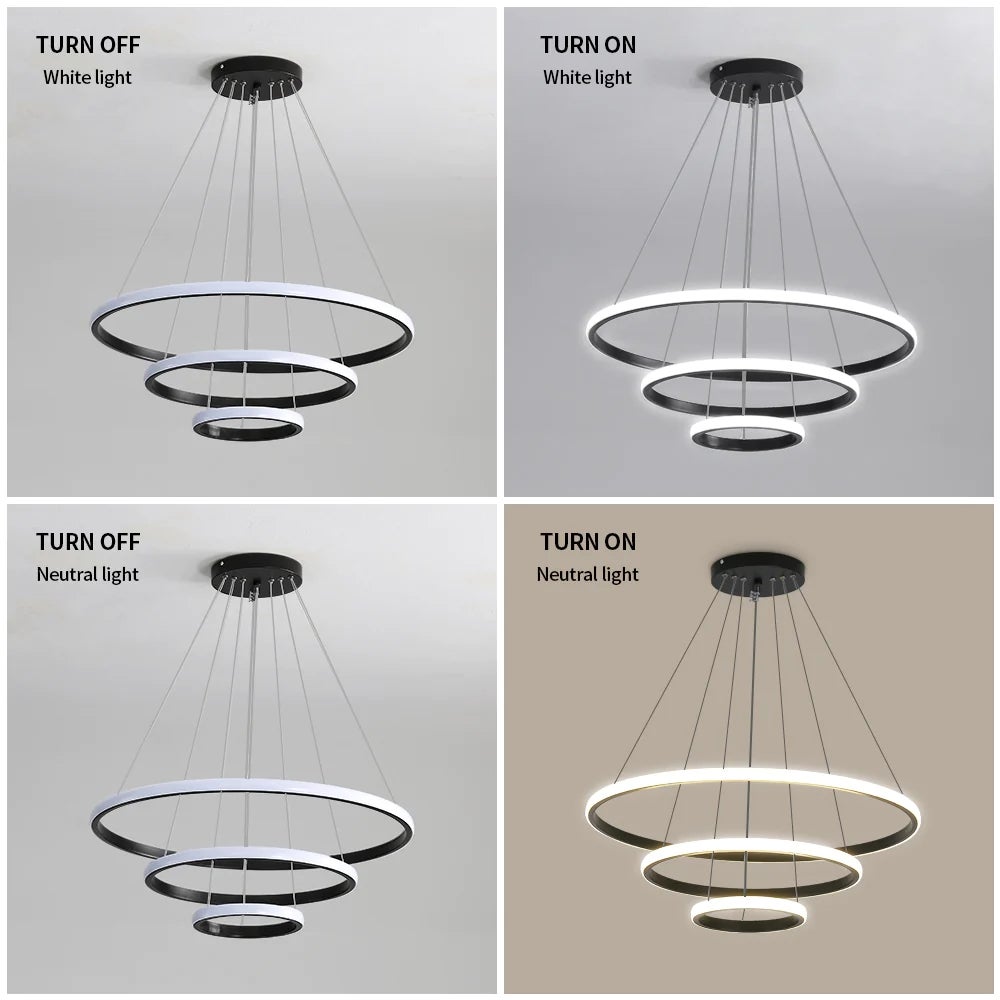 GOECO Suspension Luminaire - Lustre LED Moderne pour Salon Salle à Manger - Lumière Variable 3000K/4000K/6500K, Hauteur Réglable - Noir - Ø.20+40+60cm - 6
