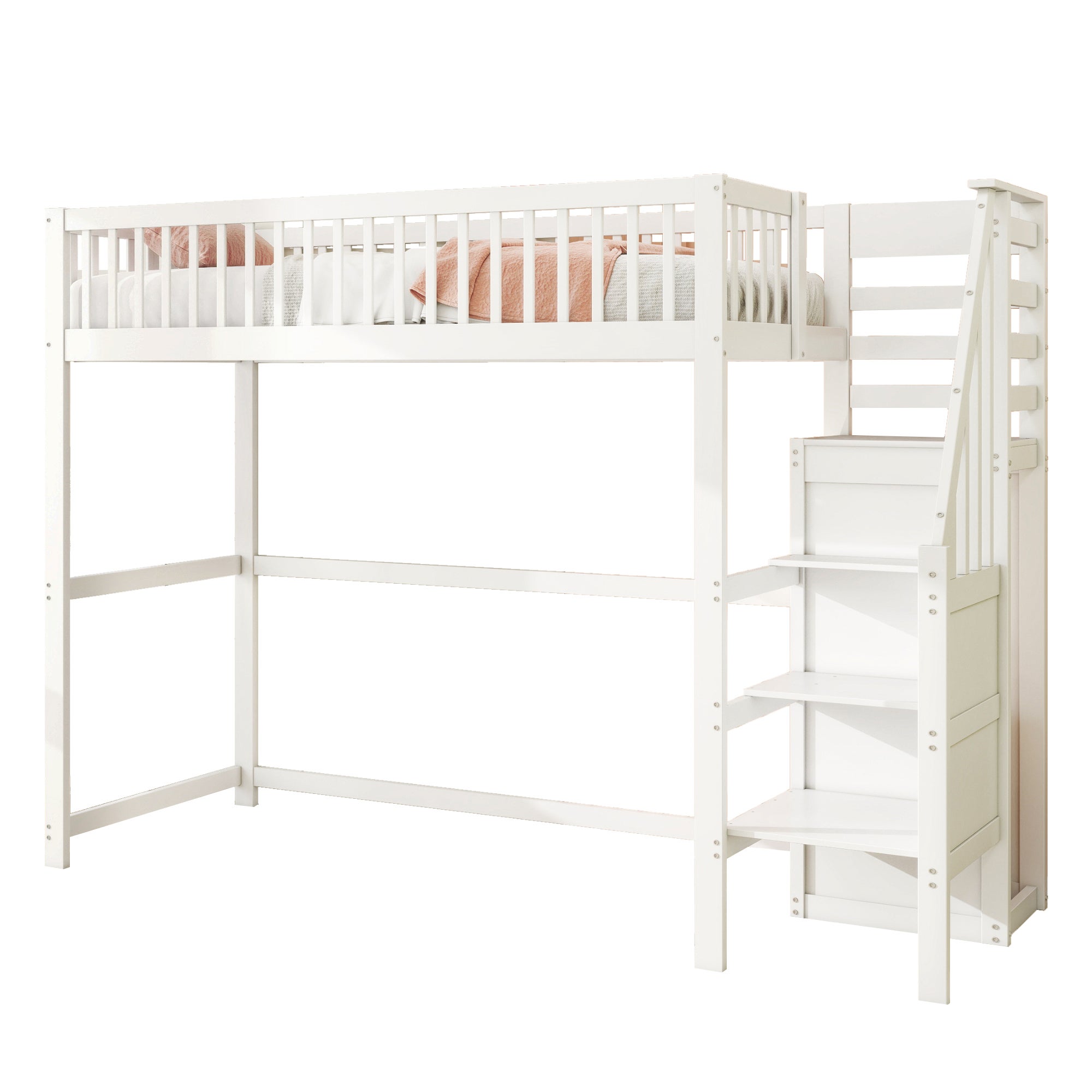 Lit mezzanine 90 x 200 cm avec armoire et escalier - bois massif et MDF - blanc (sans matelas) - 4