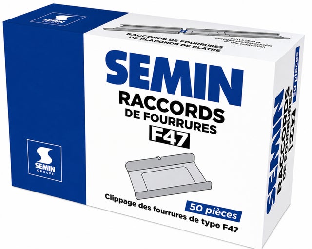 SEMIN Raccord de Fourrure RAC 47 - Boîte de 50 Pièces - Acier Galvanisé - Compatible Fourrures 45 et 47 mm - Jonction Profilés pour Plafond
