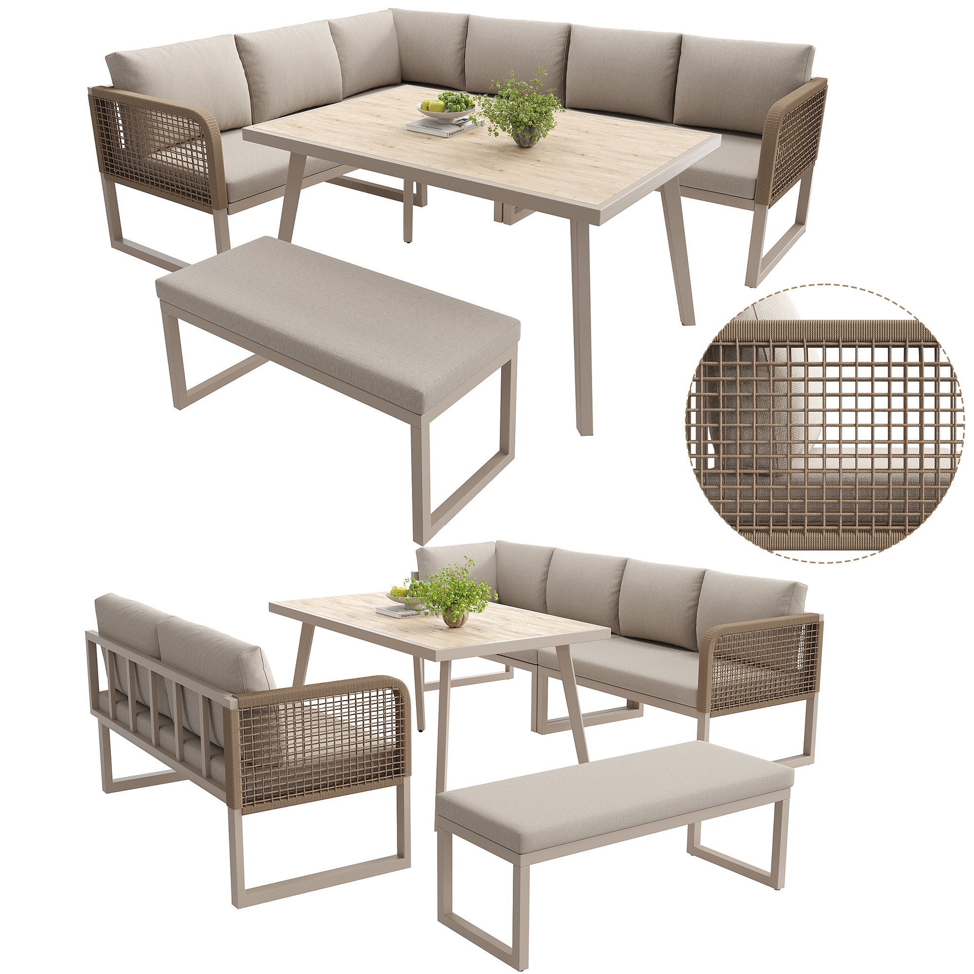 Juego de muebles de jardín exterior en metal para 6‑8 plazas, con cojines de asiento y respaldo de alta calidad, resistente a la intemperie, beige - 5