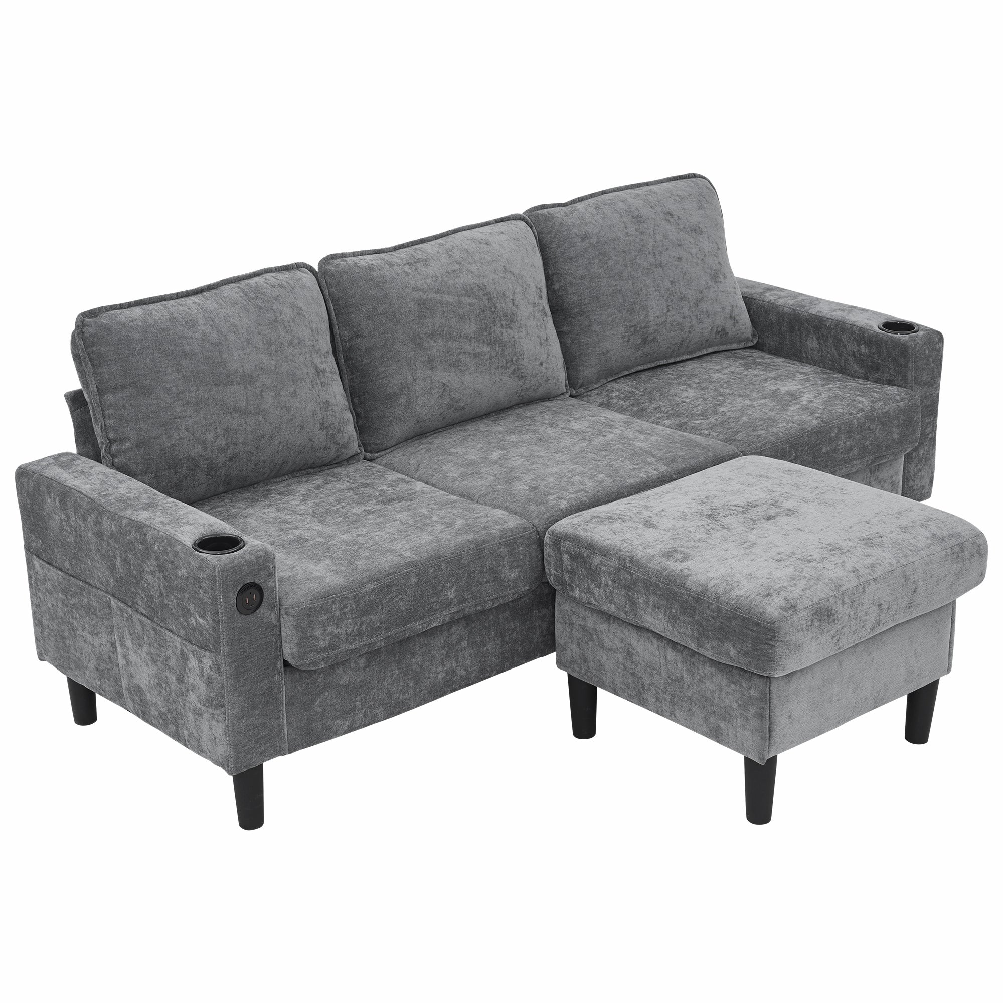 Canapé rembourré avec ports USB et Type-C, canapé 3 places avec deux porte-gobelets - Canapé-lit en L, gris, lin - 10