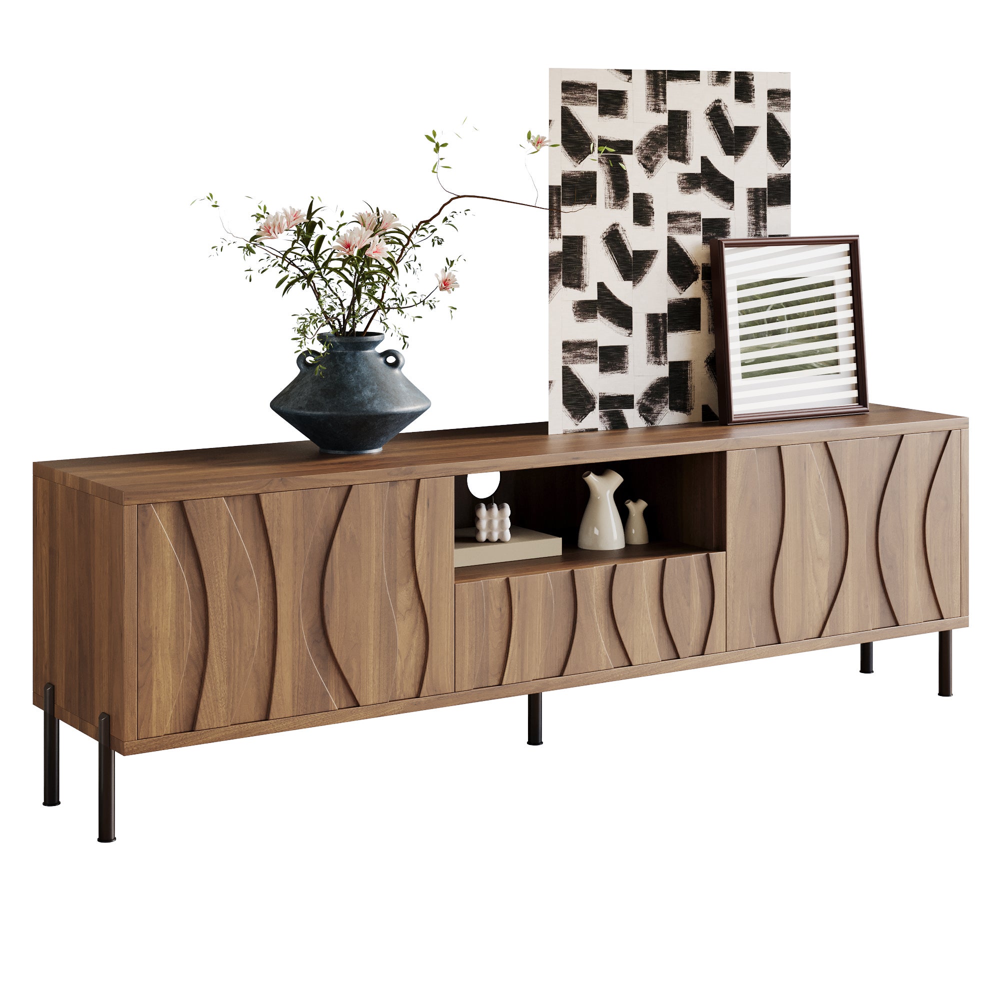 Meble pod TV 160x35x46cm - z 3 frontami - z otwartą przestrzenią do przechowywania - Nogi żelazne - MDF - Kolor naturalny - 8