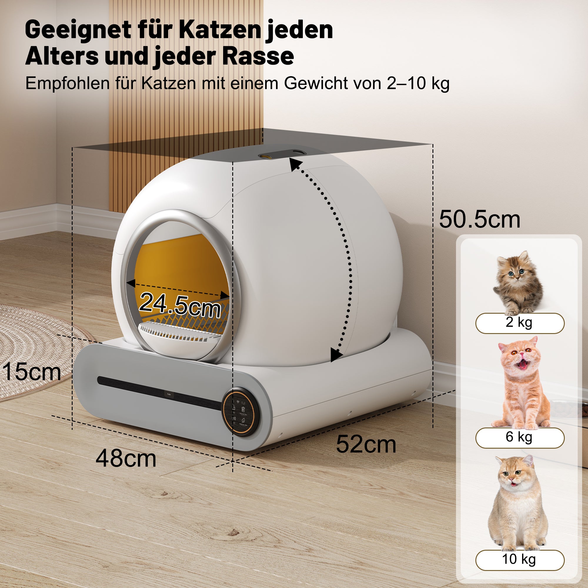 Caixa de areia adaptável autolimpante para gatos de 65 L - 48 x 52 x 50,5 cm - Controlada por aplicativo - Elimina odores - Branca - 6