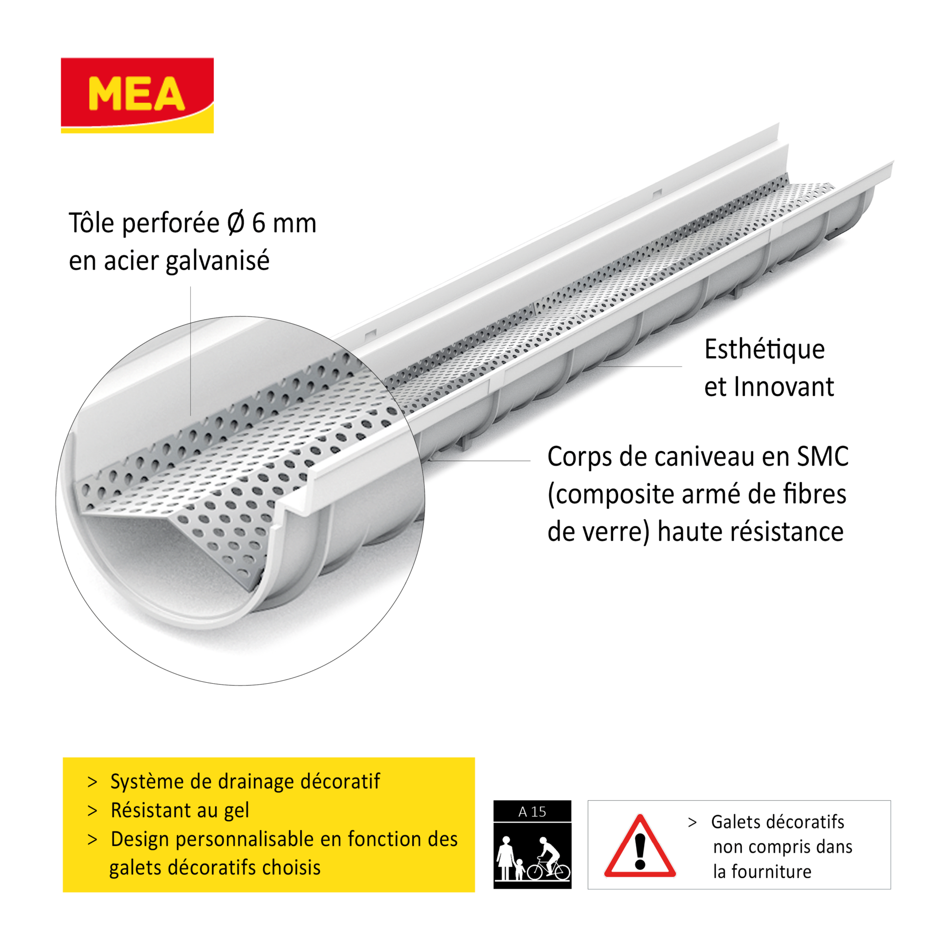 Système de drainage décoratif DECOSTONE en SMC avec tôle perforée en acier galvanisé Passage piéton - (12x1m) larg.utile 100mm - 2