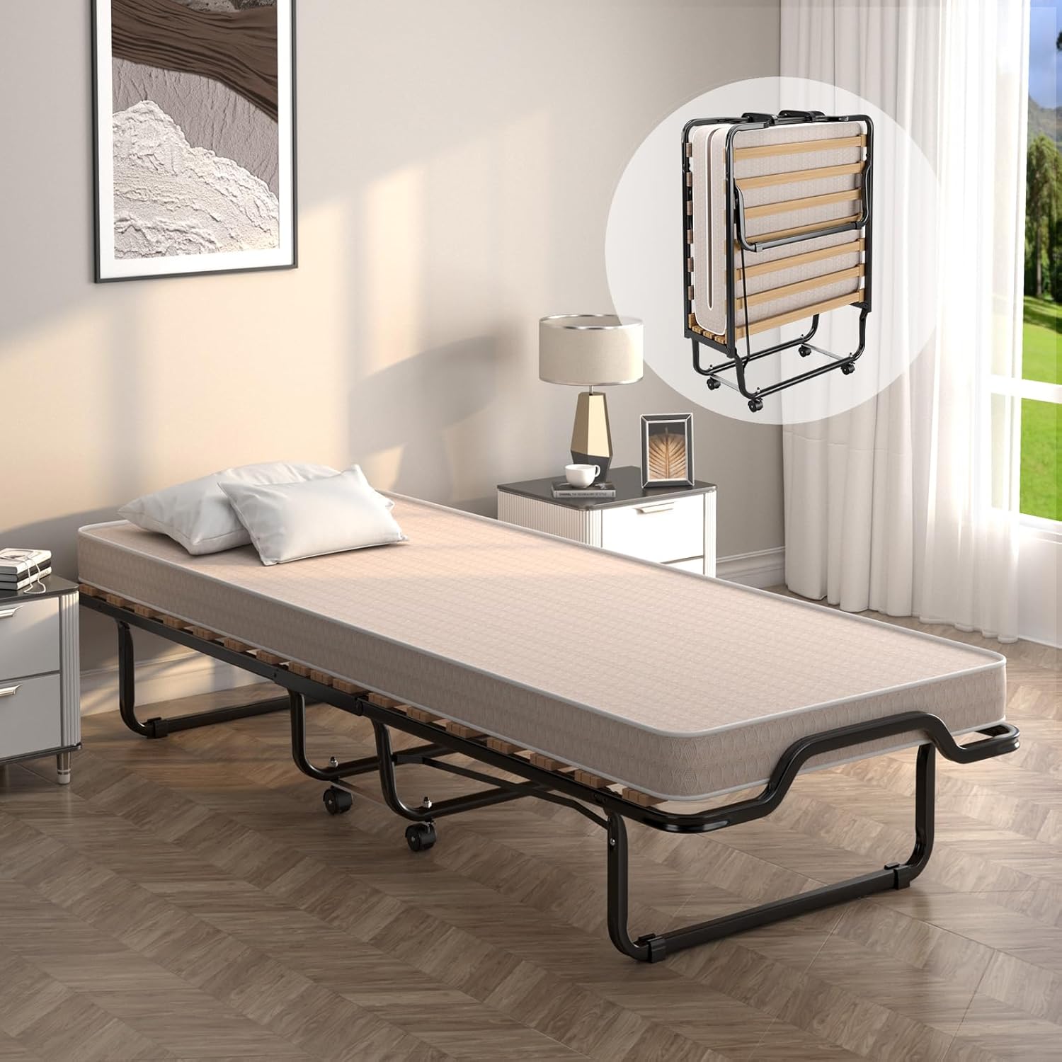 ☀️Łóżko dla gości z materacem z pianki do odkładania, 90 x 200 cm, składane łóżko pojedyncze, stabilne metalowe łóżko do 120 kg, (niebieskie)