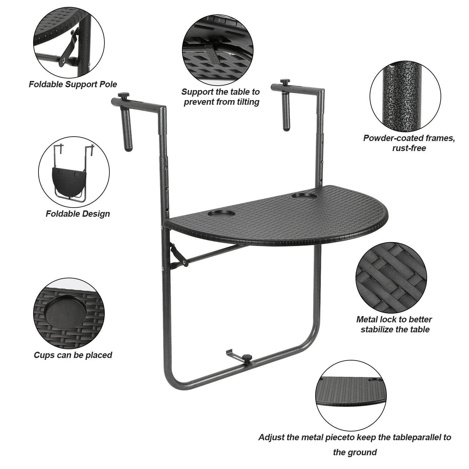 Table de Balcon Suspendue Petite Table Murale Rabattable 60 x 40 cm, Noir - 3