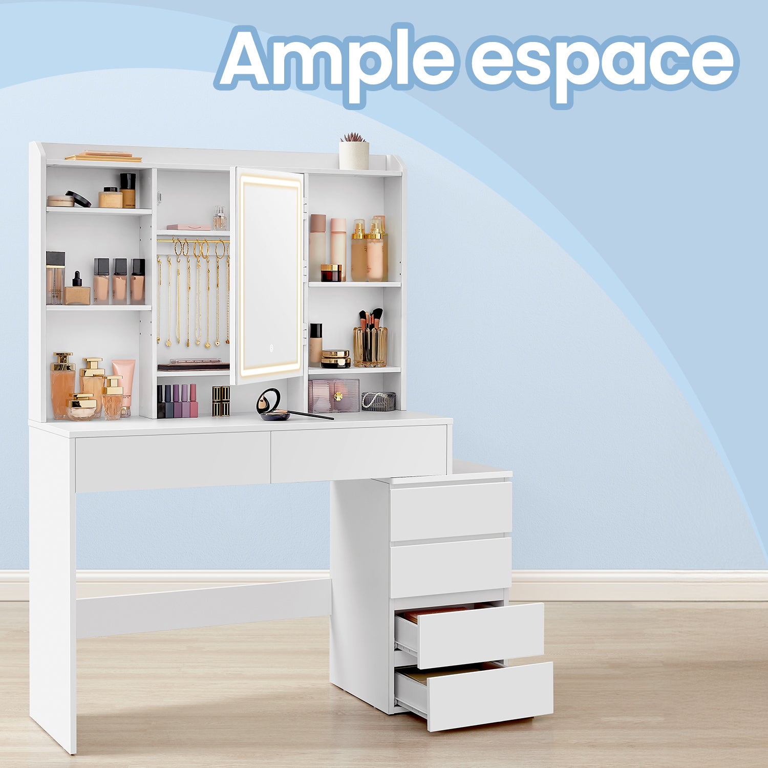 Coiffeuse, avec Grand Miroir LED à Luminosité Réglable, 40 x 118,3 x 145 cm, Blanc - 4