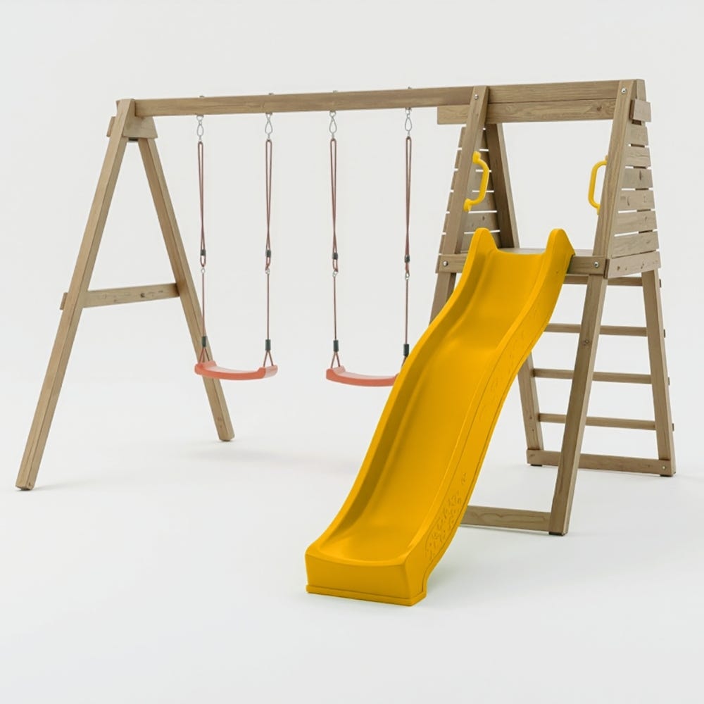 Tour de jeux bois FATMOOSE RiverRun Royal XXL avec SurfSwing, toboggan 220 cm vert pomme et pont suspendu – 10 ans de garantie Tour de jeux bois FATMOOSE RiverRun Royal XXL avec SurfSwing, toboggan 220 cm vert pomme et pont suspendu – 10 ans de garantie