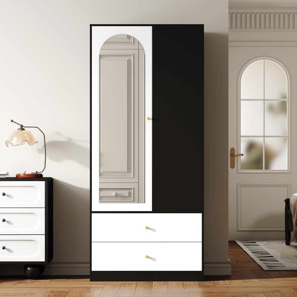 Armoire avec miroir et 1 porte, garde-robe moderne avec 2 tiroirs et 4 étagères, idéale pour rangement dans la chambre, blanc et noir, 80x40x180 cm - 7