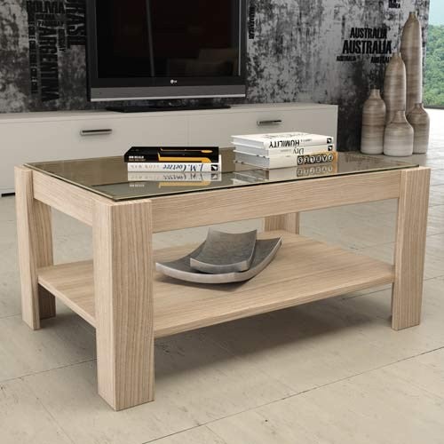 Tavolino salotto olmo in legno e piano in vetro, tavolini