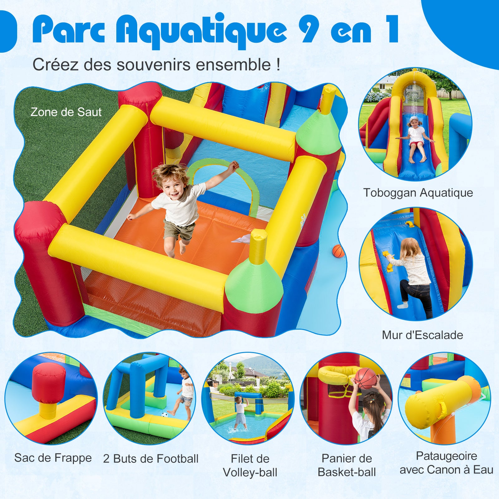 Structure Gonflable Toboggan Aquatique, avec Mur d'Escalade, Piscine avec Éclaboussures, Panier de Basket, Buts de Football, sans Souffleur - 4