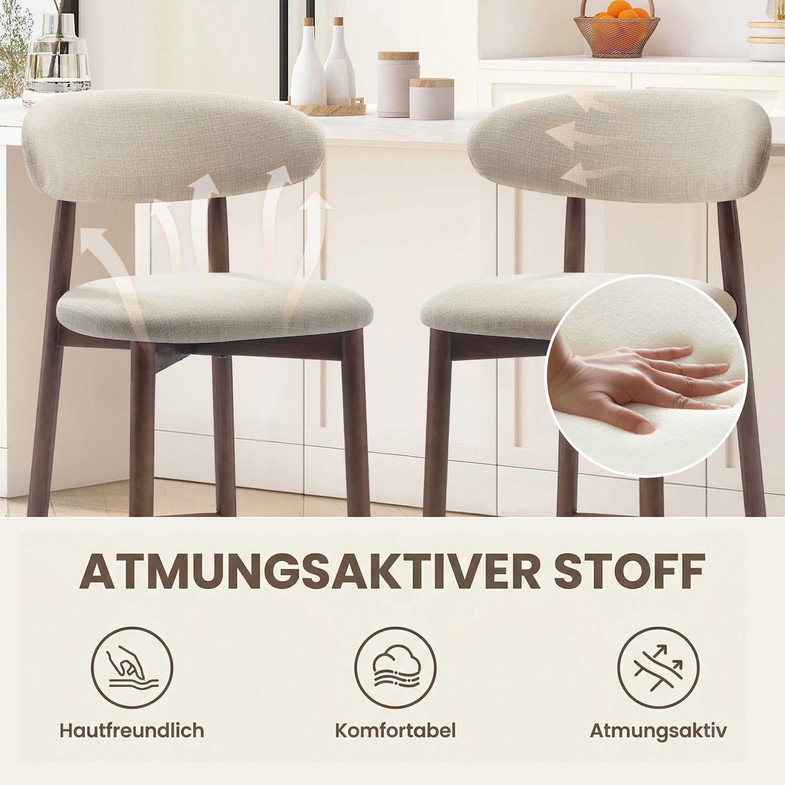 Lot de 2 Chaises de Bar Modernes, Assise Confortable en Tissu, Structure en Bois, Beige - 5