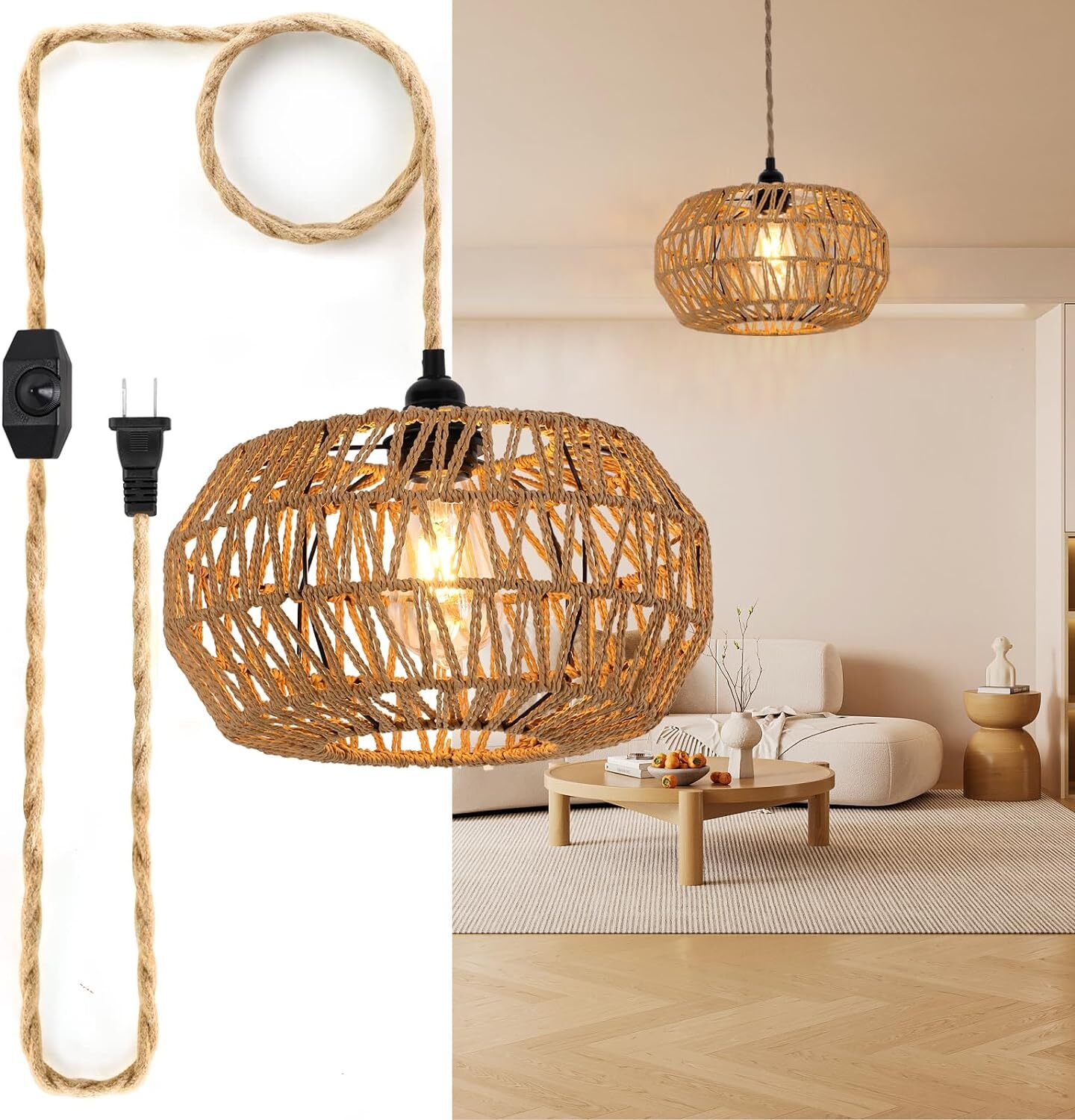Suspension Rétro En Rotin Naturel - Luminaire Coquillage Spirale Côtière 1 E27 - Beige Pour Salon, Chambre & Espace Déco