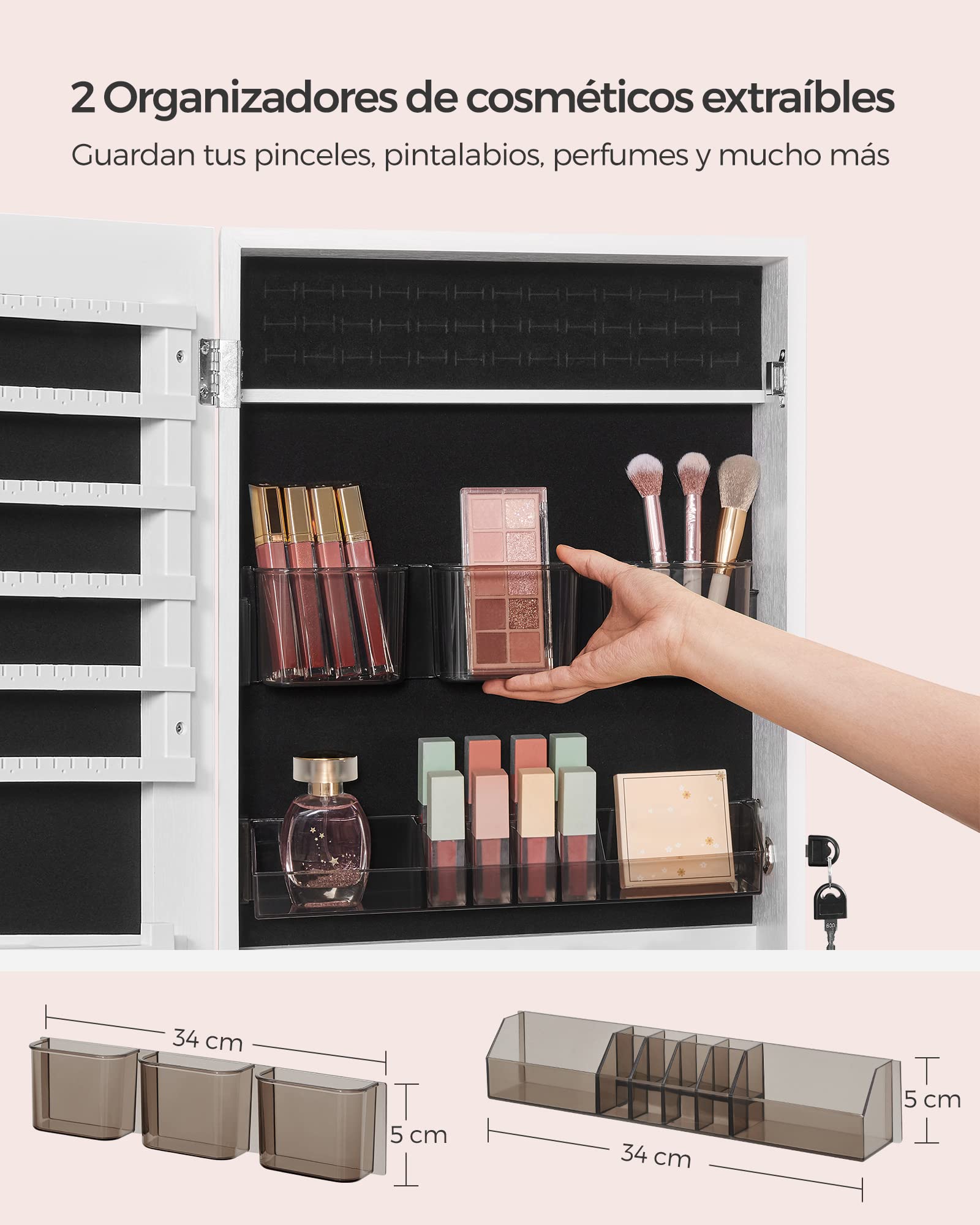 Espejo joyero de pared sin marco con cerradura, incluye 2 organizadores de cosméticos y llaves, blanco - 7