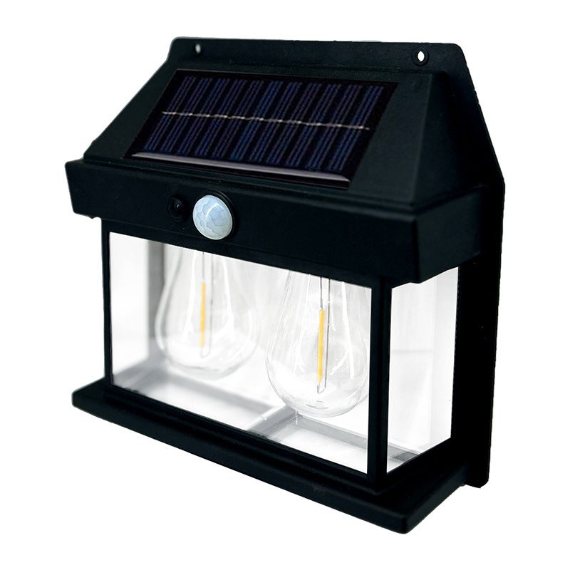 Solarna lampa ścienna z dwoma żarówkami, wodoodporna, 1 sztuka zewnętrznej lampy słonecznej na werandę z 3 trybami do patio, garażu, szopy, czarna