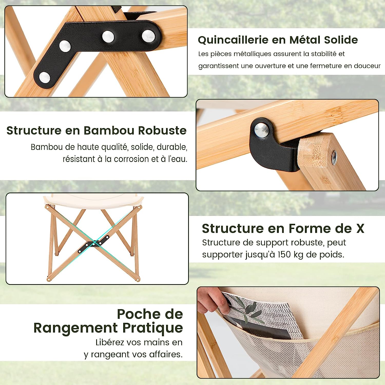 Leżak 2-Częściowy Zestaw, Składane Krzesło Z Bambusa Z Kieszenią Boczną, Obciążenie Do 150 Kg, Kempingowe Z Torbą Do Przenoszenia, Plażowe - 4