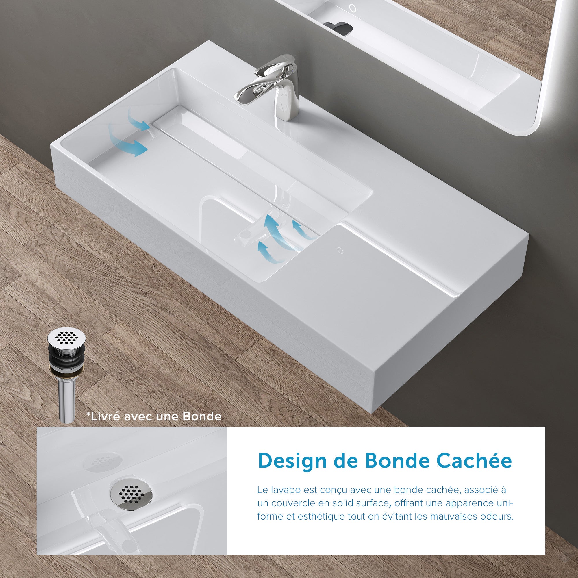 doporro Lavabo Suspendu Blanc 90cm Vasque à Poser Lave Mains Rectangulaire de Qualité pour Salle de Bain 90x48x13cm Colossum12-L - 3
