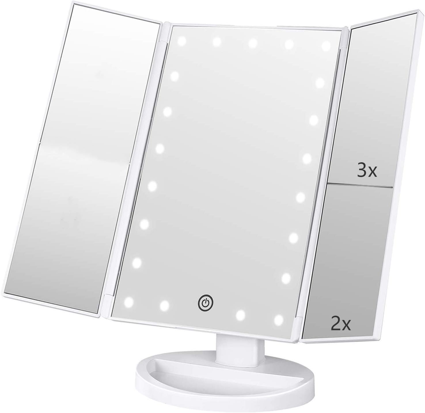 Lustro do makijażu LED, lustro stołowe z oświetleniem LED z powiększeniem 1X/2X/3X i obrotem o 180 stopni (białe)