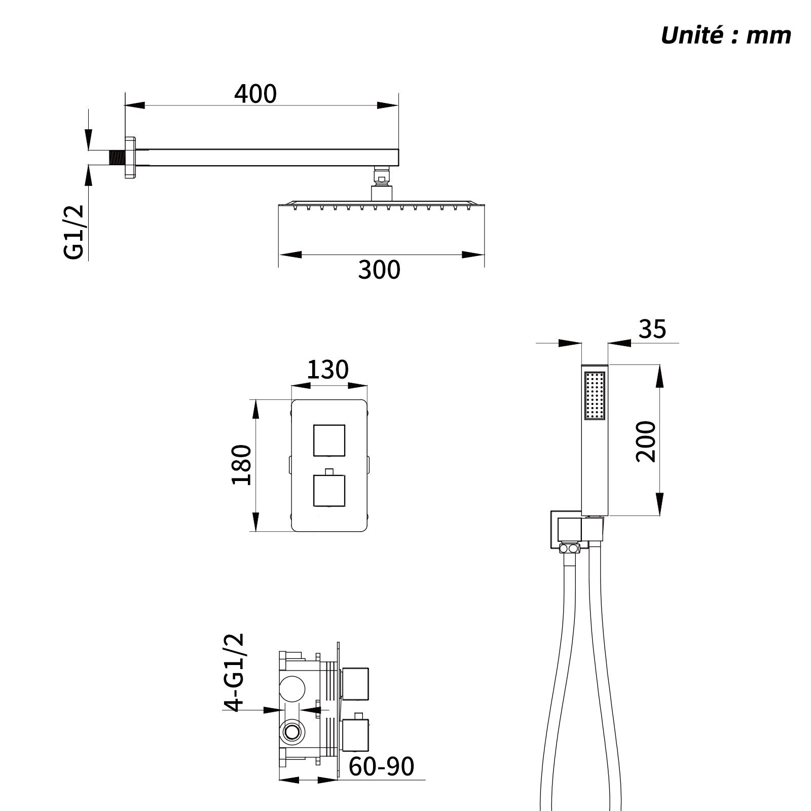 Colonne de Douche Encastrée Noir avec Tête Carrée 12