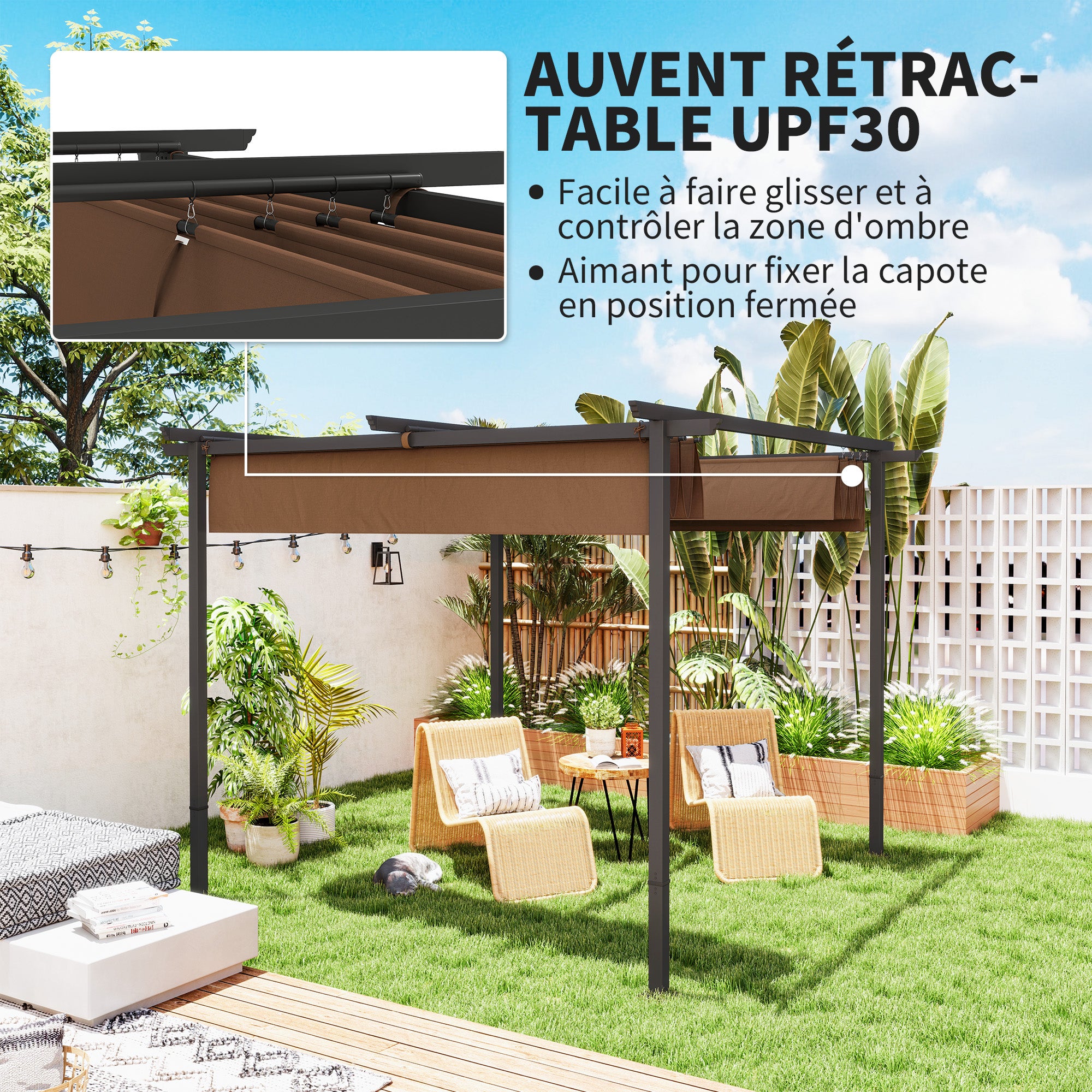 Pergola 3 x 3 m métal anthracite toile UPF30+ coulissante rétractable marron - 5