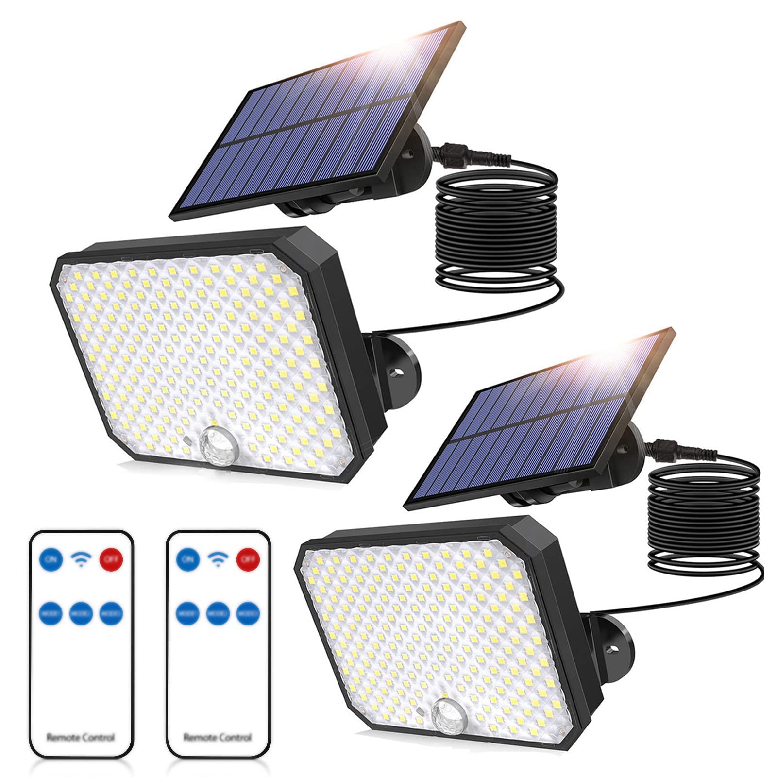 Zestaw 2 lamp solarnych zewnętrznych z 190 diodami LED, z czujnikiem ruchu i pilotem, światło od zmierzchu do świtu